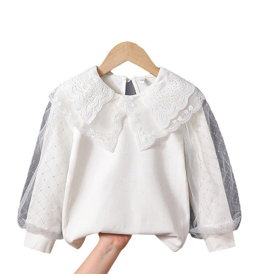 Mädchen modische Bluse mit eleganten Tüllärmeln und kunstvoller Spitzenverzierung EB
