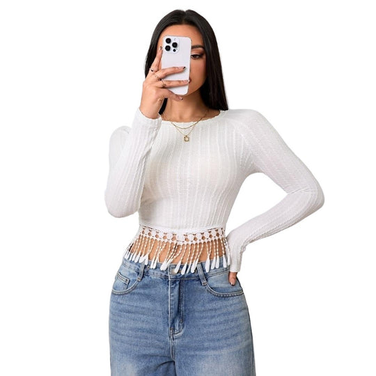 Damen gehäkeltes Crop-Longsleeve mit Fransen-Bordüre und Rippstruktur Eichborn Berlin