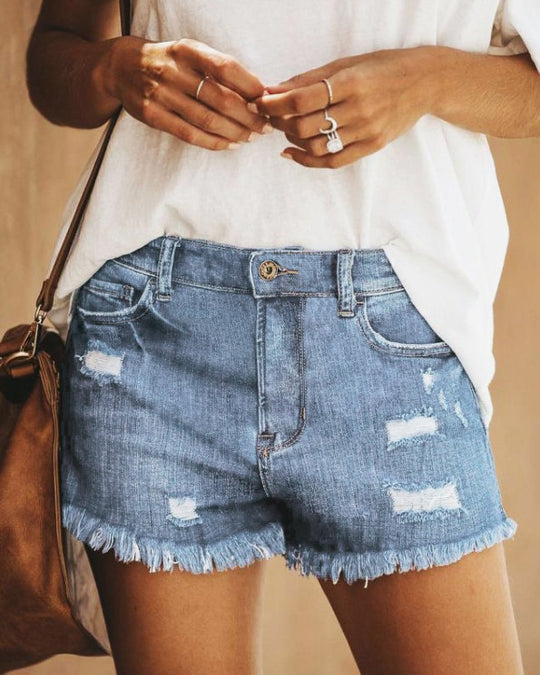 Damen Jeans-Shorts mit fransigen Säumen und distressed Details EB