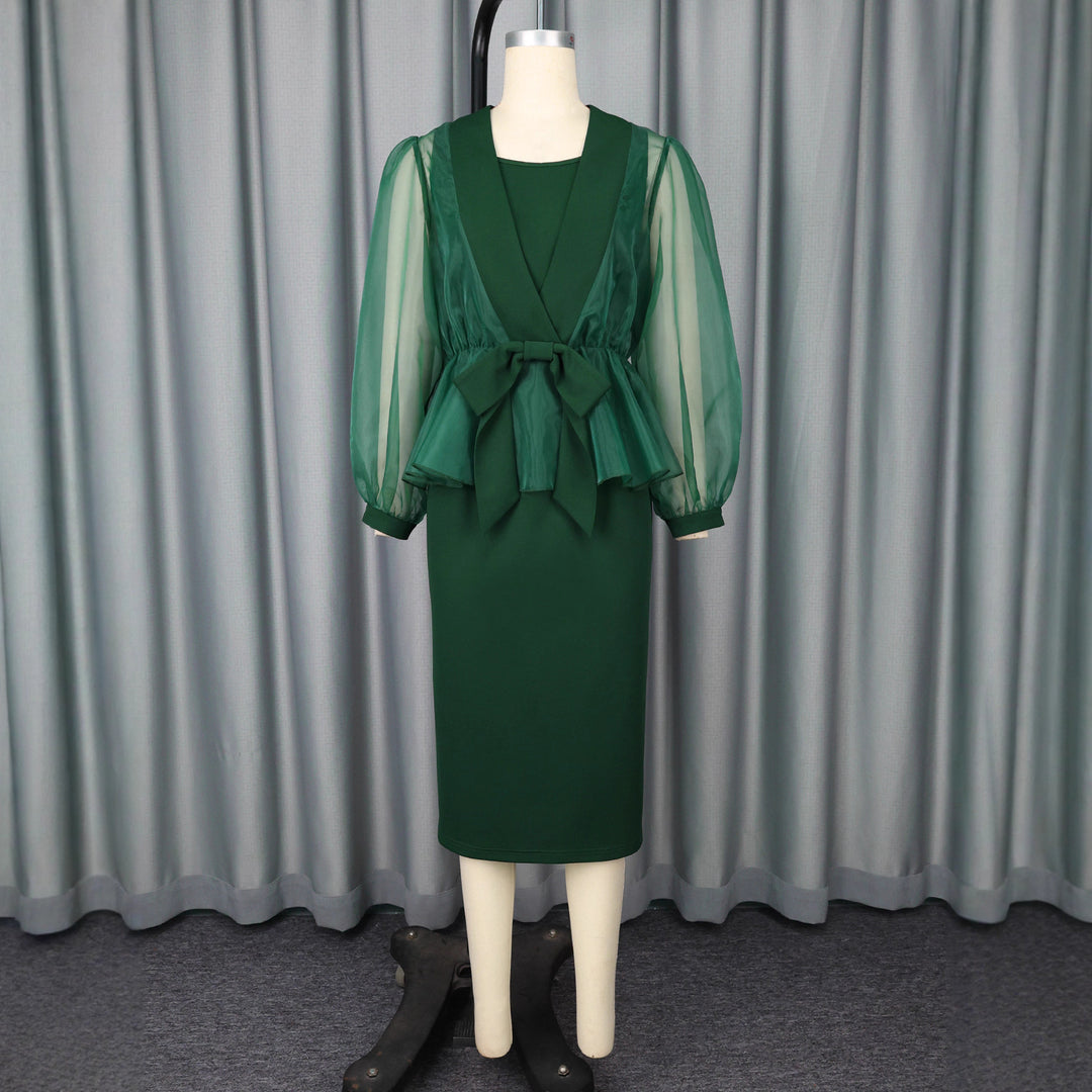 Damen elegantes Kleid mit transparentem Ärmel und tailliertem Gürtel EB