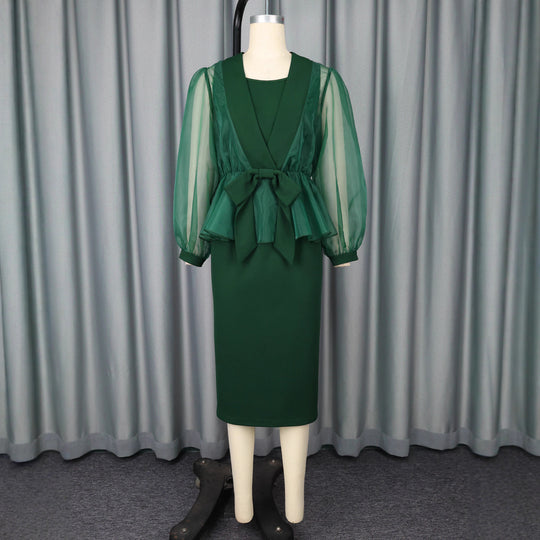 Damen elegantes Kleid mit transparentem Ärmel und tailliertem Gürtel EB