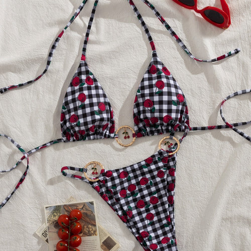 Damen Triangel-Bikini mit verspieltem Karomuster und fruchtiger Applikation EB
