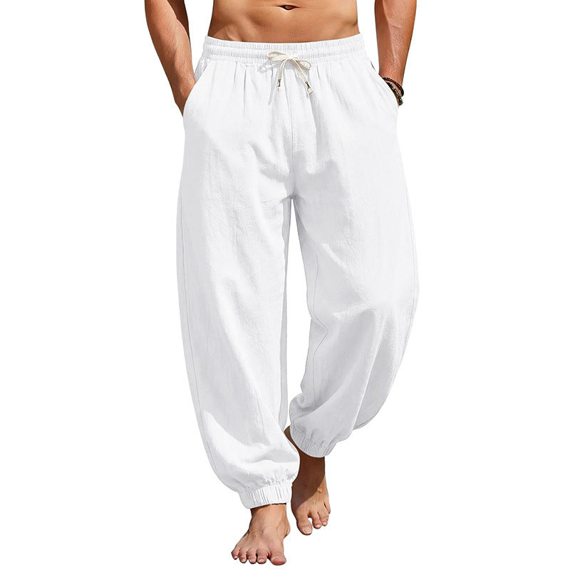 Herren Weite Leinenoptik-Strandhose mit Kordelzug, elastischem Bund und gerafften Beinabschlüssen EB