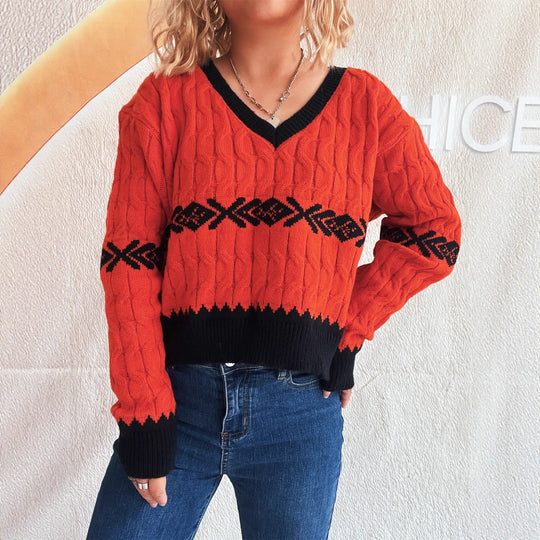 Damen lässiger Strickpullover mit modernem Zopfmuster und kontrastierenden Akzenten EB