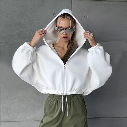 Damen nan kurzes Oversize-Kapuzensweatshirt mit Halbzip und Kordelzugbund EB