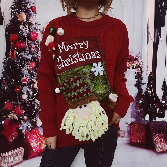 Damen Weihnachts-Pullover mit festlichem Design und 3D-Applikationen EB
