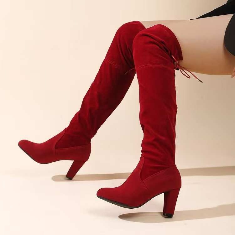 Damen Overknee-Stiefel mit geschwungenem Blockabsatz und weichem Veloursimitat EB