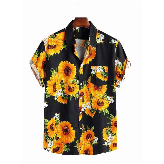 Herren Kurzarmhemd mit farbenfrohem Sonnenblumenmuster und leichtem Baumwollstoff EB