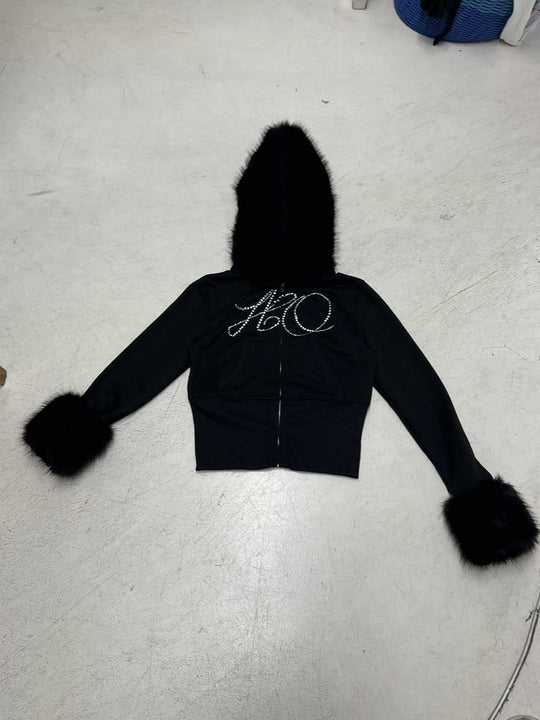 Damen nan kurze Kapuzenjacke mit Kunstfellbesatz und Strassverzierung EB