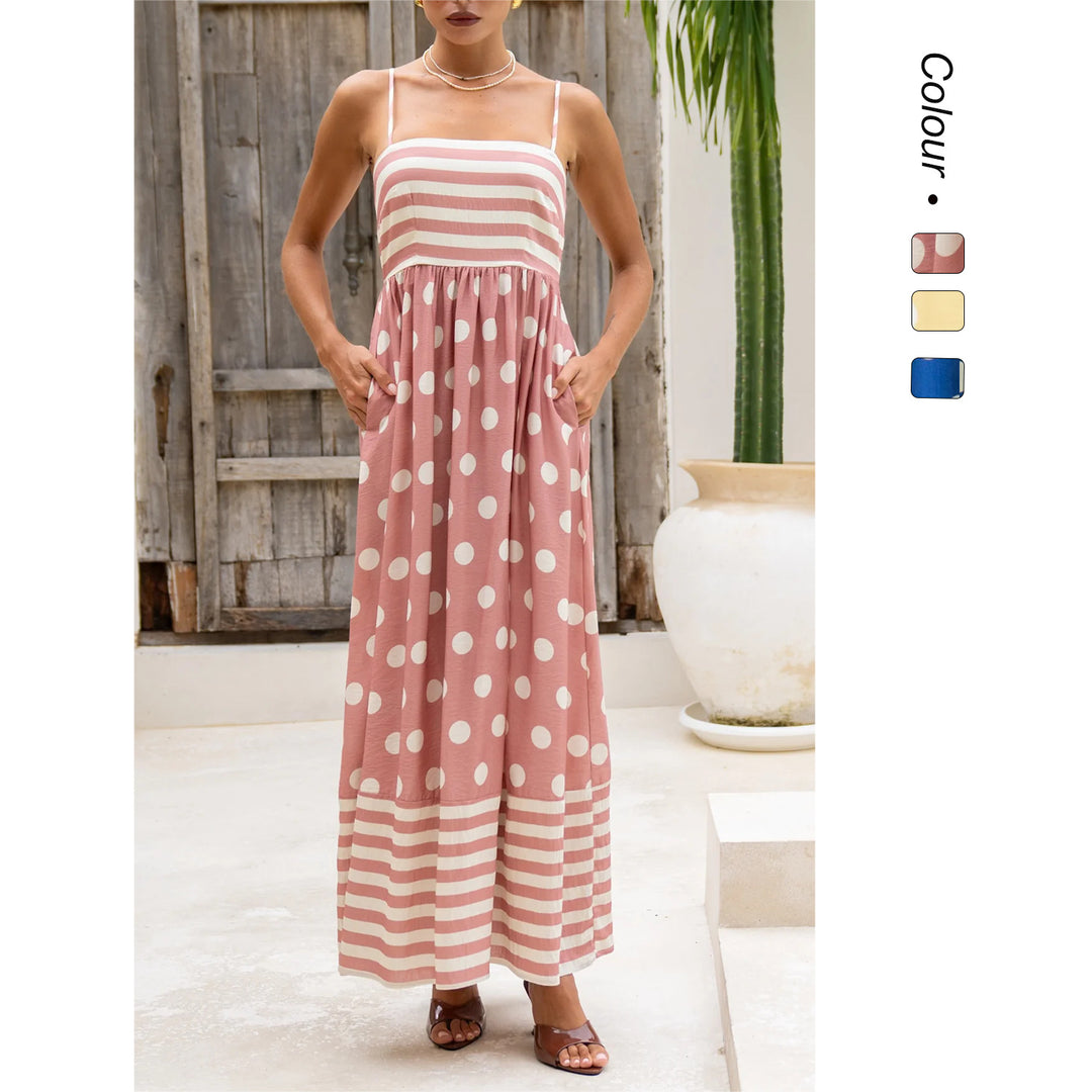 Damen Maxikleid mit gerafftem Oberteil und verspieltem Punkt- und Streifenmuster EB