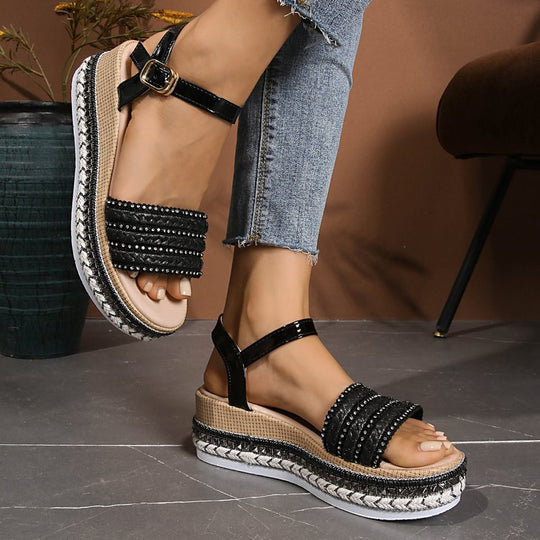 Damen Riemensandalen mit modischer Schmuckverzierung und Plateau-Rand EB