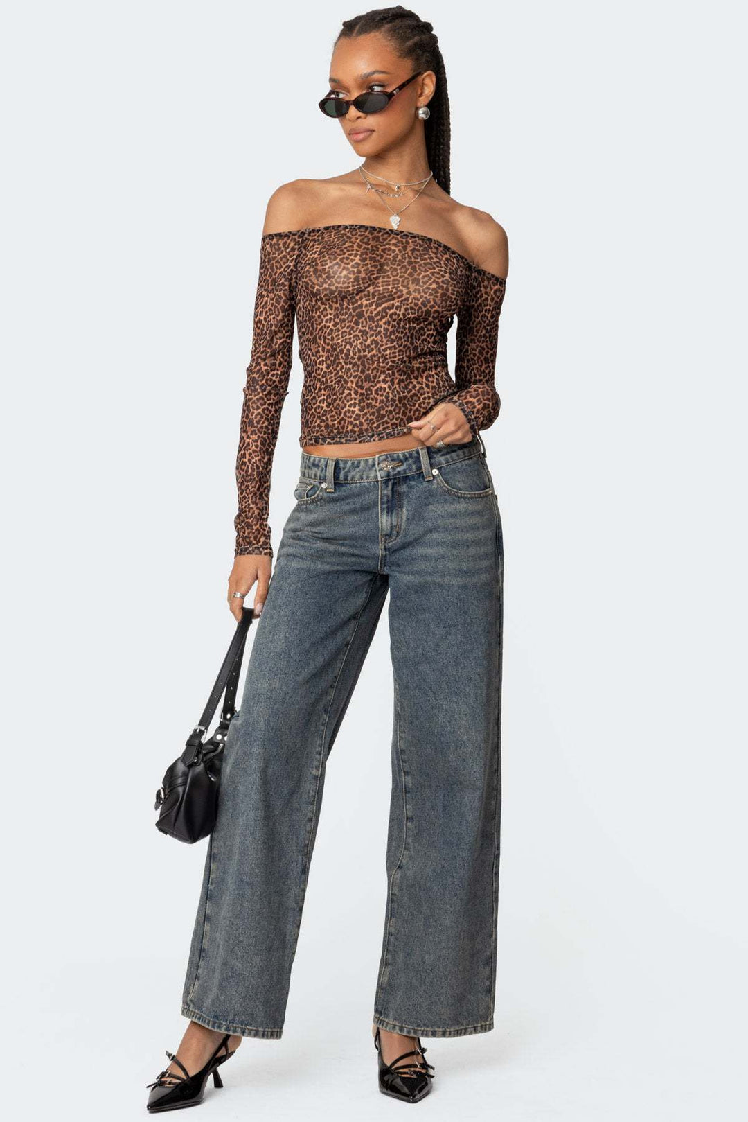 Damen Off-Shoulder Langarmshirt mit Leopardenmuster EB