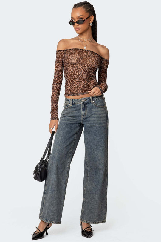 Damen Off-Shoulder Langarmshirt mit Leopardenmuster EB