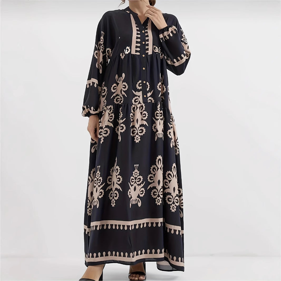 Damen Maxikleid mit floralem Design und eleganter Knopfleiste EB