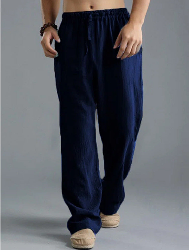 Herren nan lässige Leinenhose mit elastischem Bund, Kordelzug und geradem Bein EB