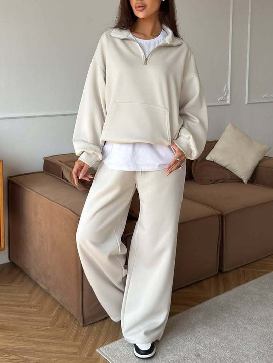 Damen nan weites Halfzip-Lounge-Set mit Kapuzenpullover, Kängurutasche und fließender Wide-Leg-Hose EB