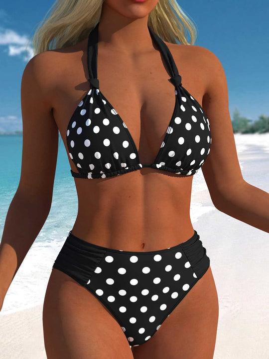 Damen Hochgeschnittener Triangel-Bikini mit punktiertem Design und verstellbaren Trägern EB