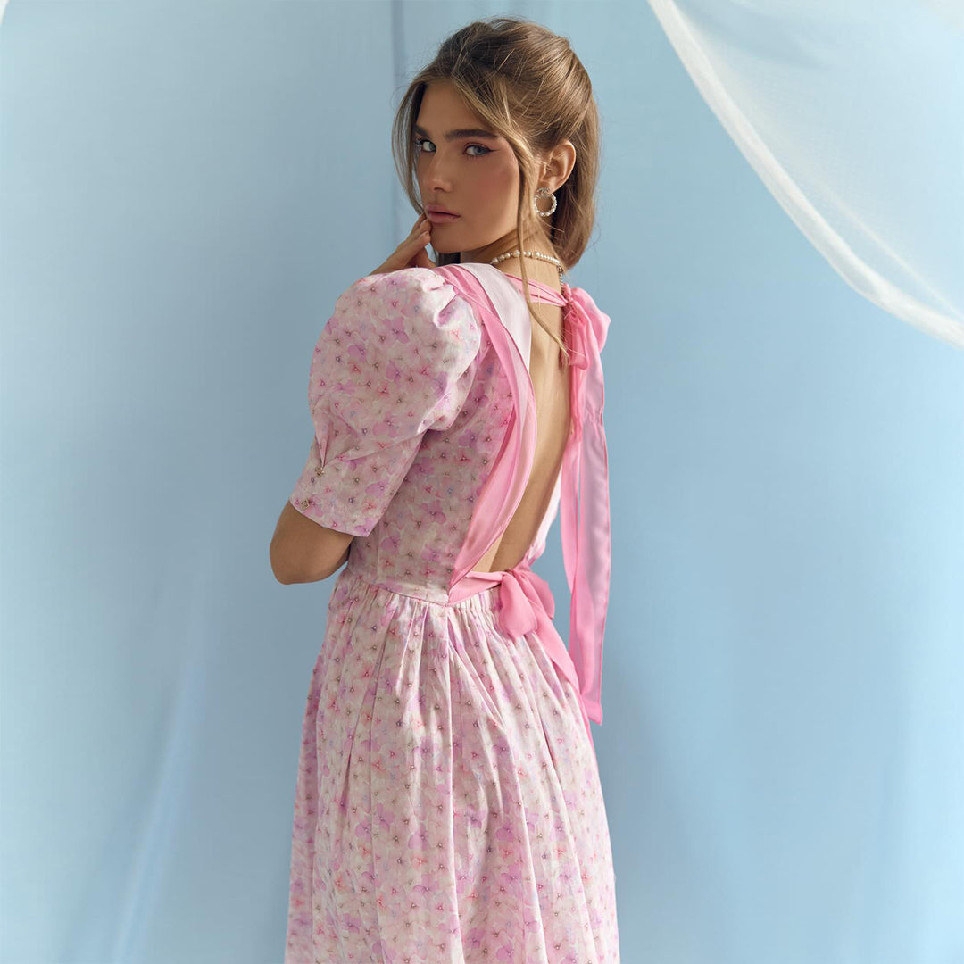 Damen Blütenmuster Kleid mit Puffärmeln und tiefem V-Ausschnitt EB