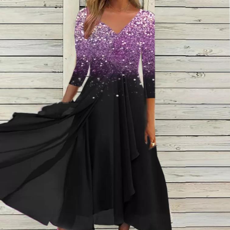 Damen Maxikleid mit funkelndem V-Ausschnitt und schwingendem Saum EB