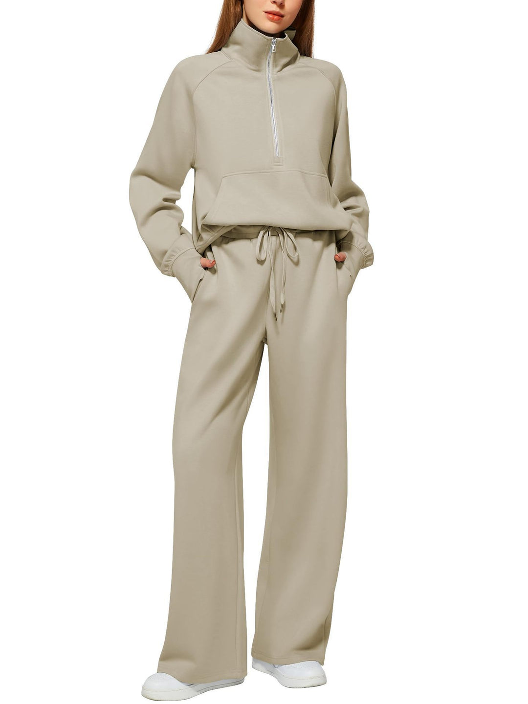 Damen nan halbzip Lounge-Set mit hohem Stehkragen, Kängurutasche und weiten Highwaist-Jogginghose EB