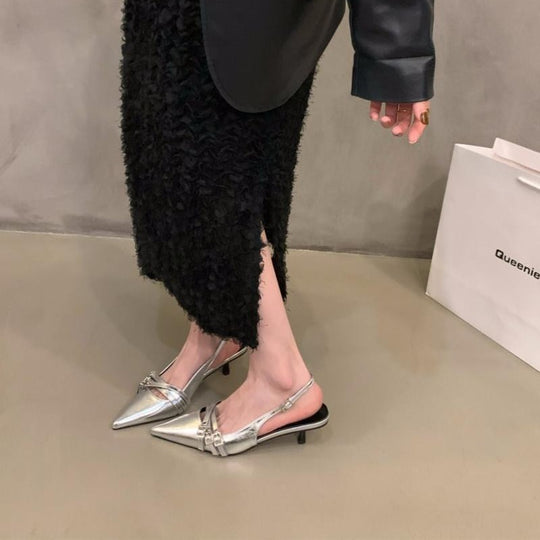 Damen Slingback-Pumps mit schimmerndem Obermaterial und modischen Dekoren EB