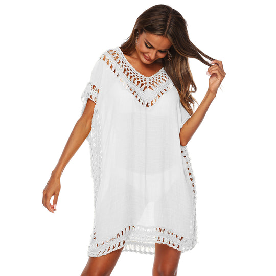 Damen Häkel-Strandüberwurf mit elegantem V-Ausschnitt und fransigen Details EB