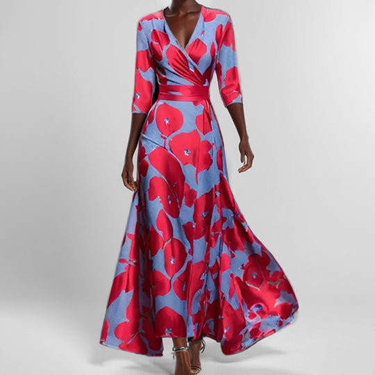 Damen Maxikleid mit Wickeloberteil, Taillengürtel und fließendem Satinrock EB