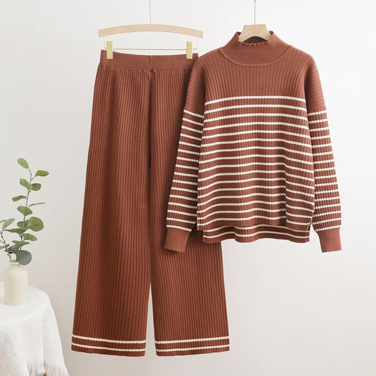 Damen gemütliches Strick-Loungewear-Set mit quer gestreiften Details EB