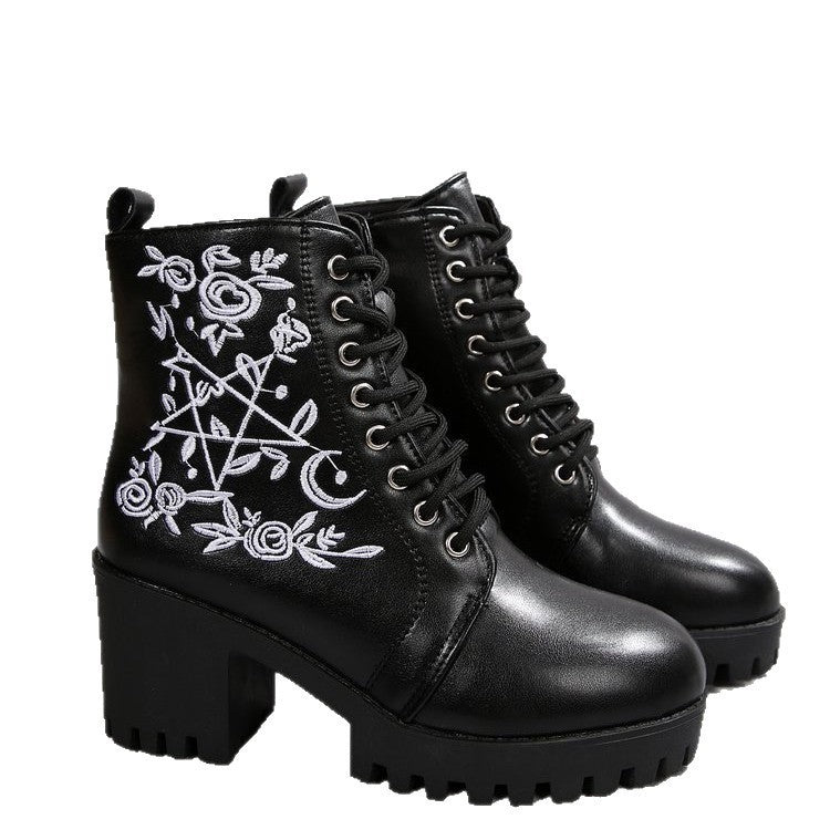 Damen Boots mit metallic-farbenem Plateau und floralen Stickereien EB