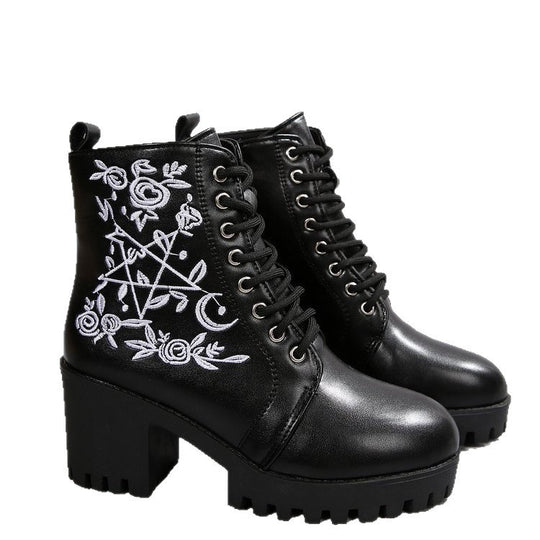 Damen Boots mit metallic-farbenem Plateau und floralen Stickereien EB