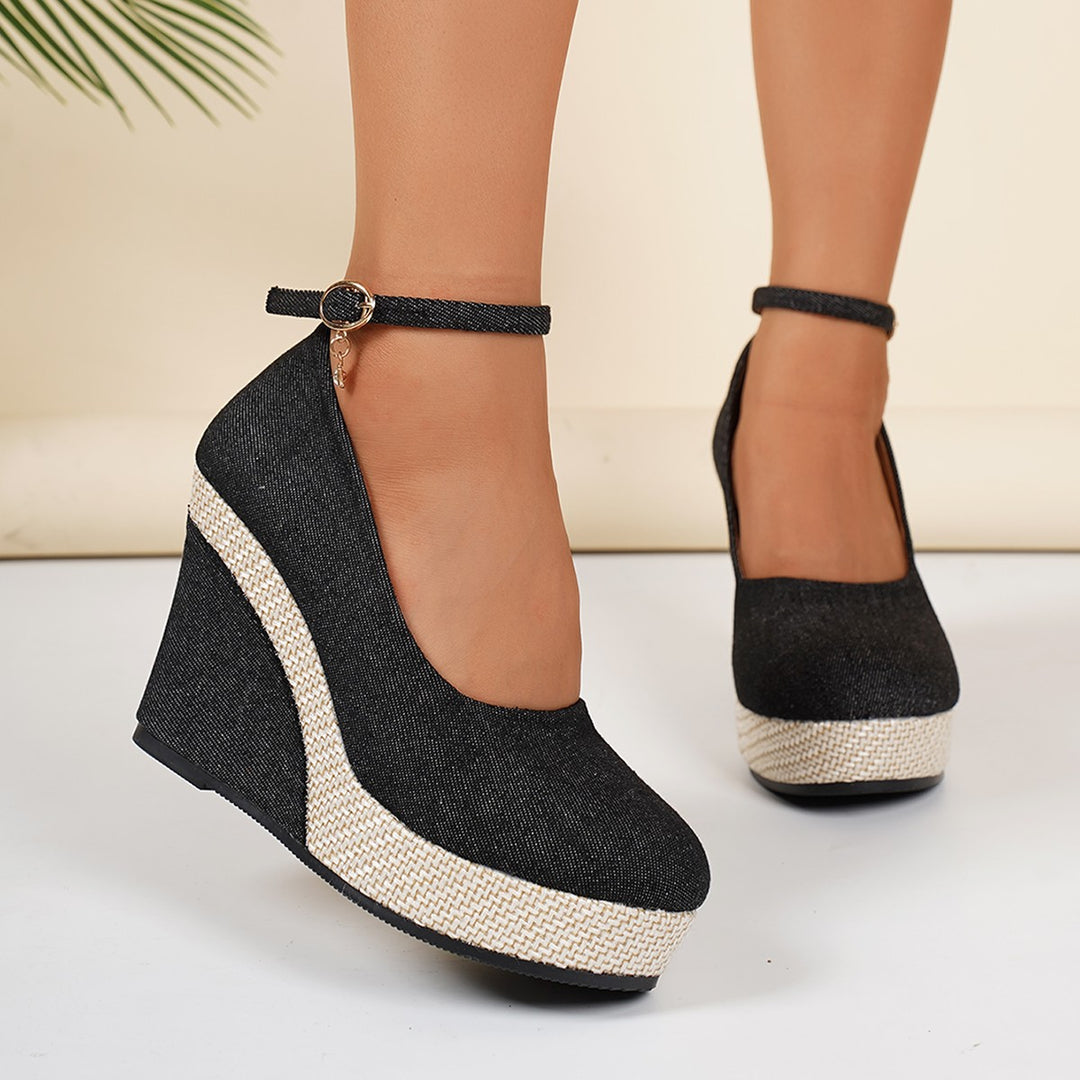 Damen Wedge-Pumps mit schnallenverziertem Fesselriemen und geflochtenem Absatz EB