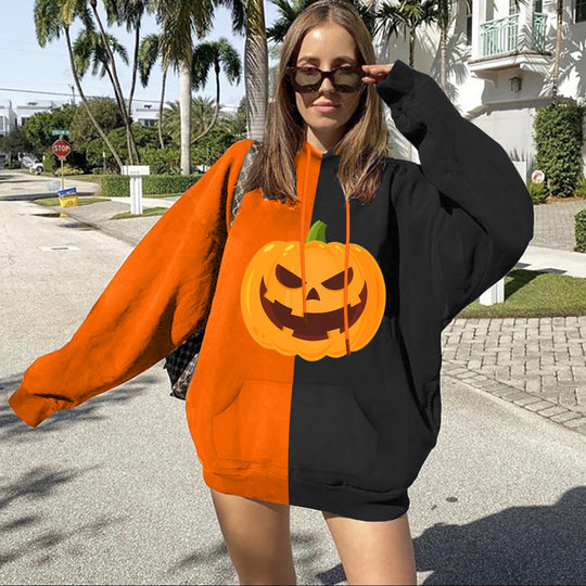 Damen nan Oversize Kapuzenpullover mit Halloween Kürbisdruck und Kängurutasche EB