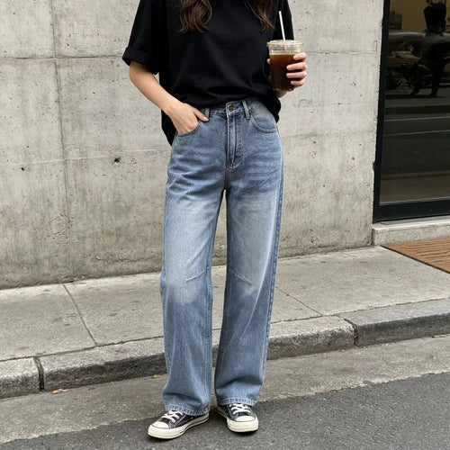 Damen nan hochgeschnittene weite Jeans mit geradem Bein, Knieabnähern und klassischem Five‑Pocket‑Schnitt EB