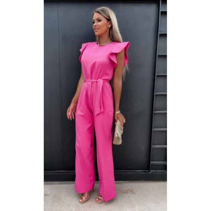 Frauen Fließender Weitbeiniger Jumpsuit mit Rüsche Ärmel EB
