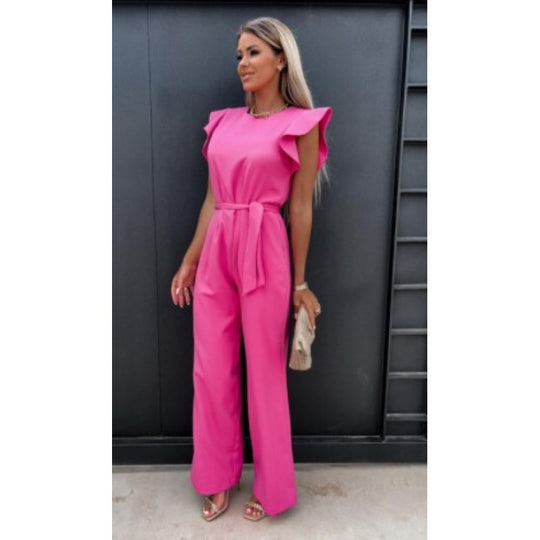 Frauen Fließender Weitbeiniger Jumpsuit mit Rüsche Ärmel EB