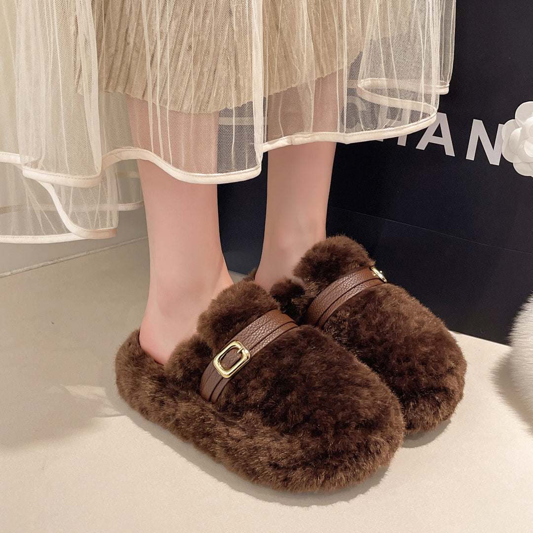 Damen Hausschuhe mit flauschigem Flausche-Obermaterial und modischem Schnallenverschluss EB