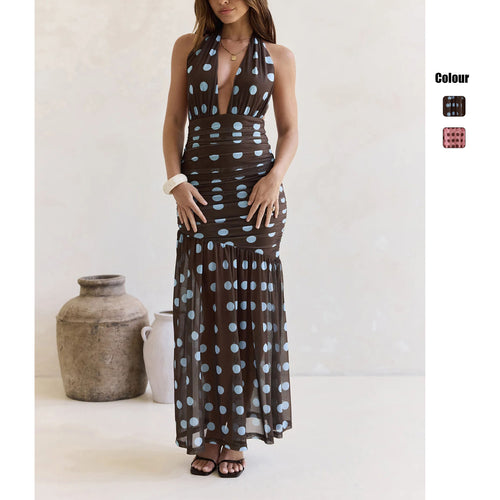 Damen Elegantes Maxikleid mit tiefem V-Ausschnitt und modischem Pünktchen-Design EB