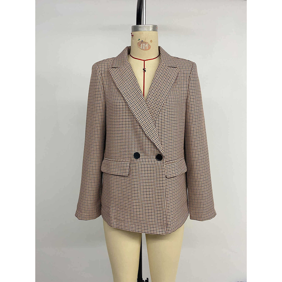 Damen kariertes Oversized Blazerjackett mit doppelter Knopfleiste EB