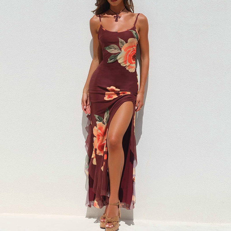 Damen elegantes Maxikleid mit floralem Design und seitlichem Schlitz EB