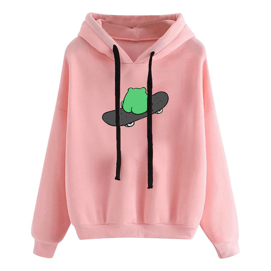 Damen nan kurz geschnittener Cropped-Kapuzenpullover mit niedlicher Frosch-Illustration und verstellbarer Kapuze EB