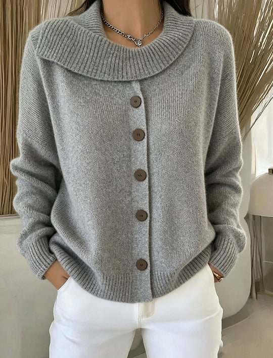 Damen Kuscheliger Knopf-Cardigan mit breitem Rollkragen und gerippten Bündchen EB