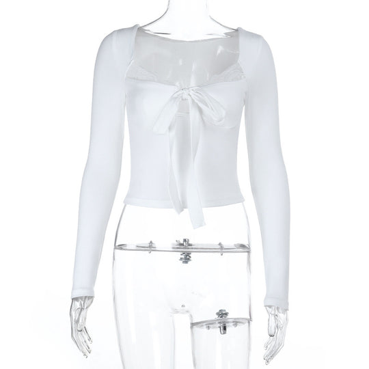 Damen Elegantes Langarm-Top mit femininem Schleifen-Detail und Spitzenbesatz EB