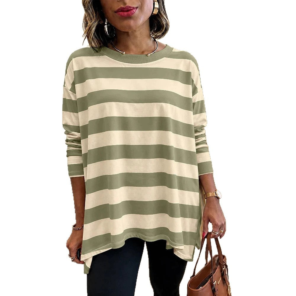 Damen Oversized Streifen-Longsleeve mit Rundhalsausschnitt und abgerundetem Saum EB