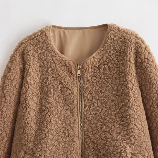 Damen kuschelige Teddyjacke mit Reißverschluss und praktischen Taschen EB