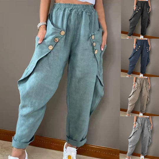 Damen lässige Sommerhose mit Knopfdetails und praktischen Seitentaschen EB