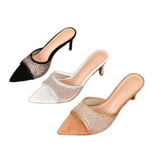 Damen elegante High Heel Mules mit funkelnden Strassverzierungen EB