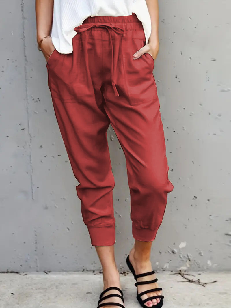 Damen nan lässige tapered Leinenhose mit elastischem Bund und Bündchen EB