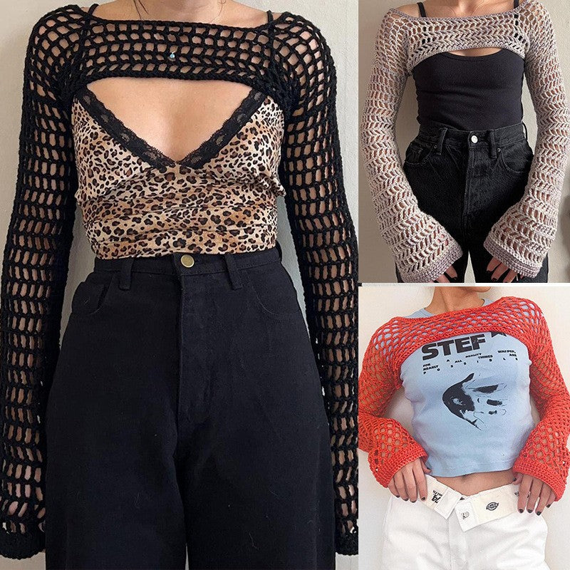 Damen gehäkeltes Langarm-Top mit Off-Shoulder-Design EB
