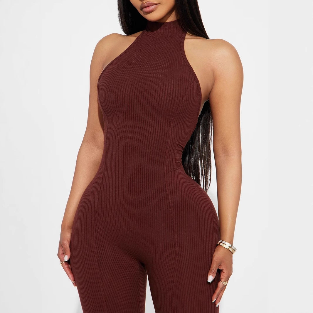 Damen figurbetonter Jumpsuit mit hohem Kragen und Rippstruktur EB