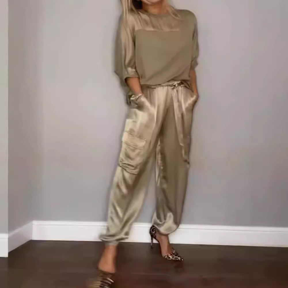 EB | Solide Farbe glatt Satin Top zweiteilige Set für Frauen